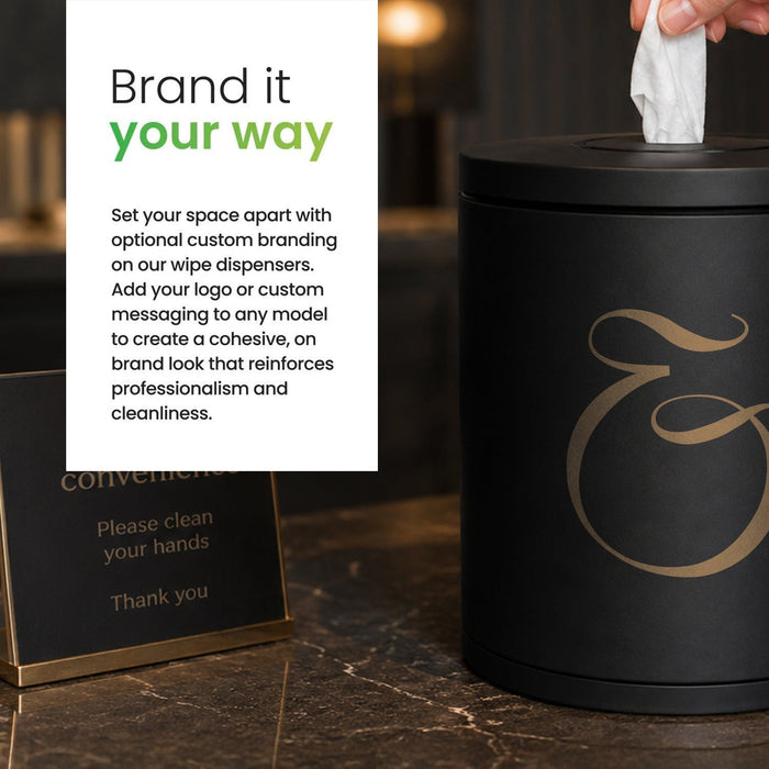 Brushed stainless steel tabletop wipes dispenser with fingerprint-resistant finish and silicone nozzle for smooth single-wipe dispensing