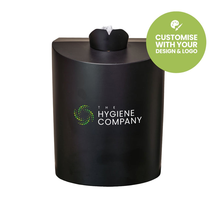 Matt black stainless steel wall-mounted wipes dispenser with customizable logo and secure locking mechanism