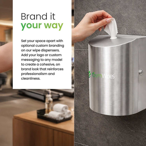 Brushed stainless steel wall-mounted wipe dispenser with secure locking and sleek design