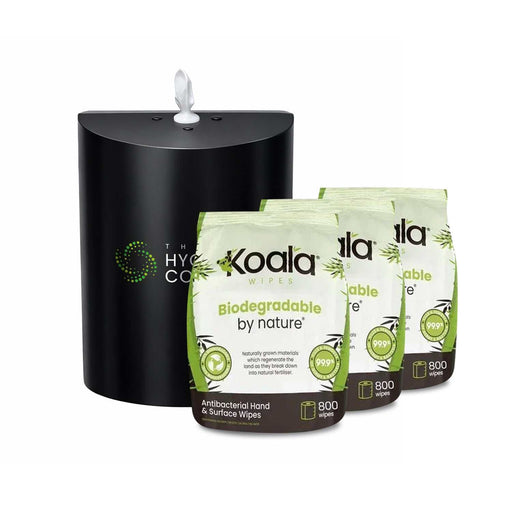 Matt black stainless steel wall-mounted dispenser with custom branding and biodegradable antibacterial wipes bundle