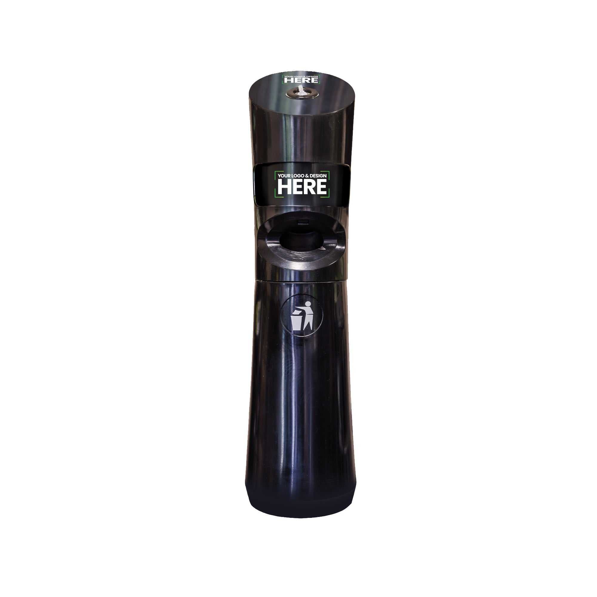 Black Wet Wipes Station dispenser with built-in waste bin and customizable branding for hygienic environments