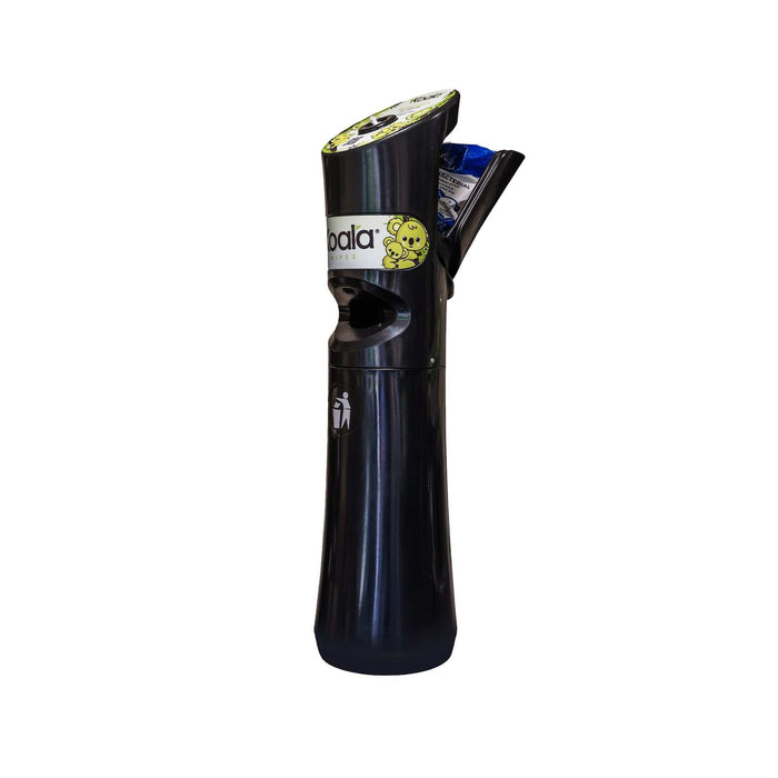 Black wet wipes station dispenser with built-in waste bin for hygienic surface cleaning.