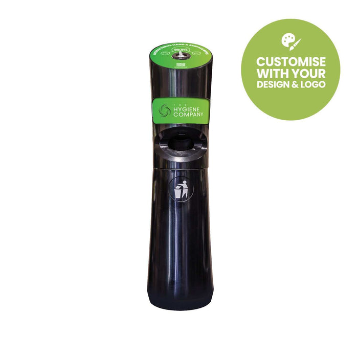 Black Wet Wipes Station dispenser with built-in waste bin and customizable branding for hygienic environments