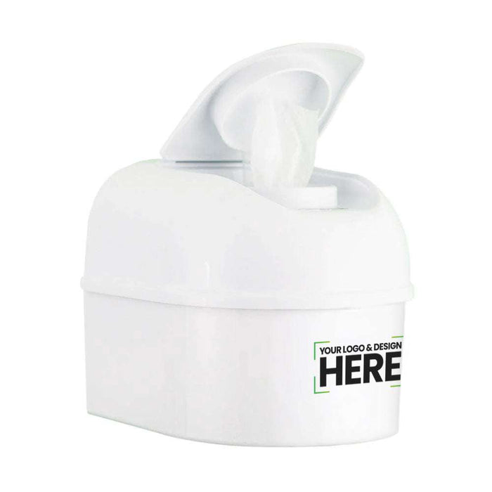 White WIPEPOD® wet wipes dispenser with opened lid and placeholder for custom logo or design