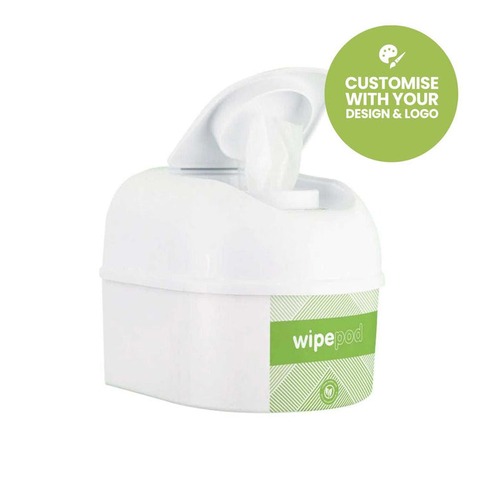 White WIPEPOD® wet wipes dispenser with eco-friendly refill system and customizable branding option