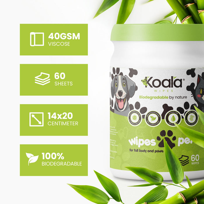 Koala Wipes biodegradable pet wipes 60 sheets bamboo viscose eco-friendly cleaning