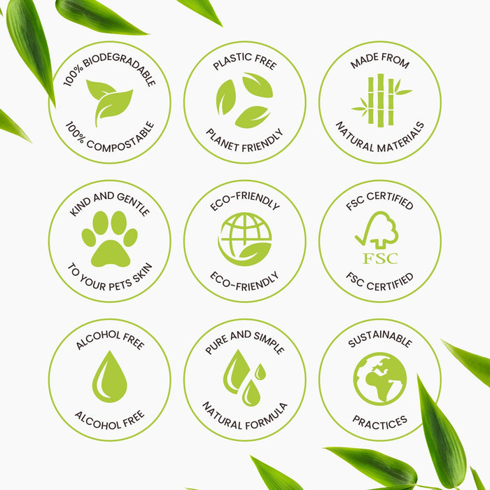 Icons representing biodegradable wipes features including compostable, plastic free, natural materials, gentle on pets, eco-friendly, FSC certified, alcohol free, natural formula, and sustainable practices