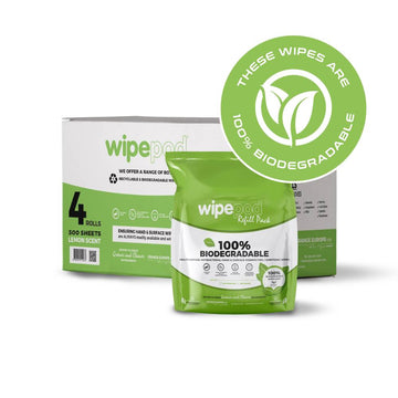 Biodegradable 500 sheets per roll @ 140 x 200  40gsm 50% woodpulp 50% viscose  - 4 rolls per box - Fits WIPEPOD