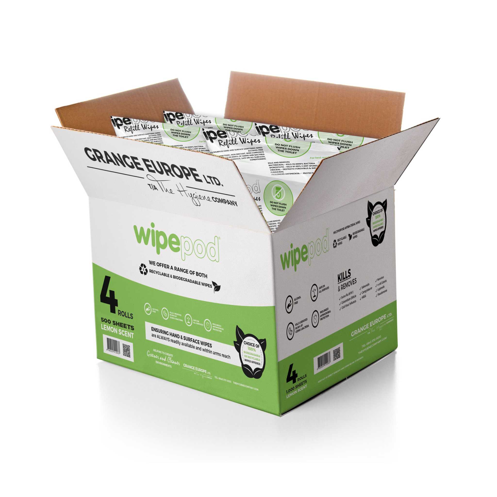 2000 XL Sheets (500/Roll), 100% Recyclable | Multipurpose Antibacterial Hand & Surface Wipes - Grange Europe Ltd - Online Store